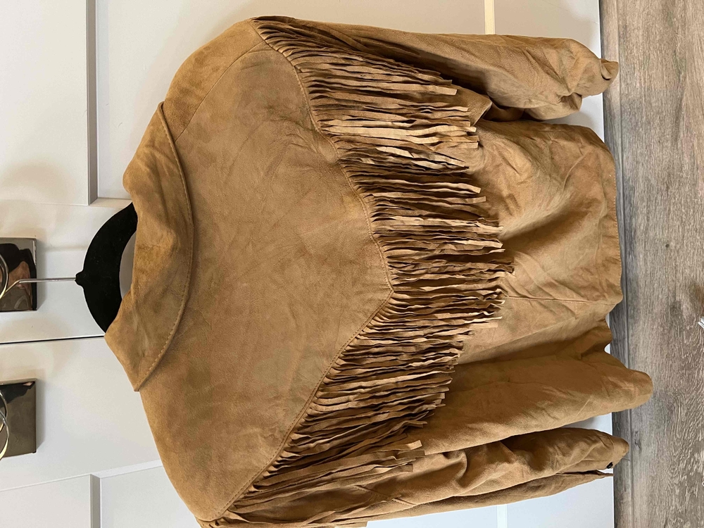 Vakko Tan Leather Fringe Jacket Hippie Biker Boho Size M
